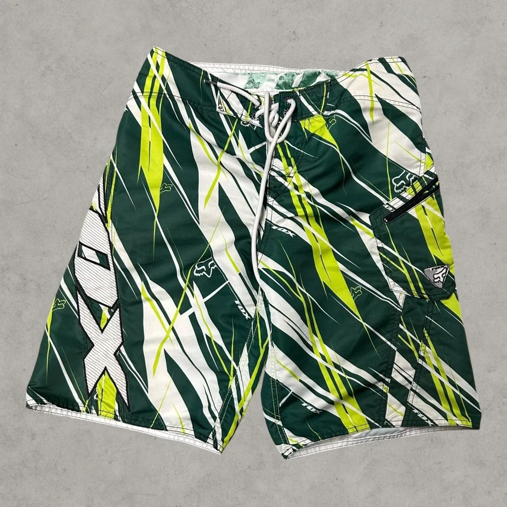 Fox Racing Board Shorts Men 32 Green Geometric Graphic Print Cargo Pocket Y2K